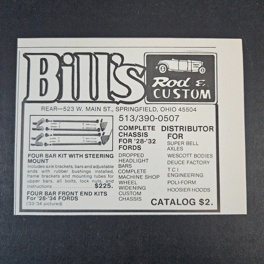 1979 Bill's Rod & Custom Auto Parts Vintage Print Ad Springfield OH Mancave Shop